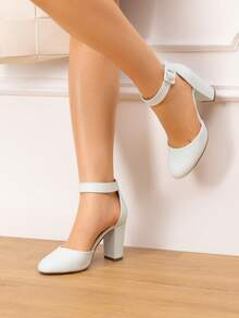 Women's High Heel Closed Toe Dress Shoes Chunky Wedding Pumps For Ladies - White - View 3