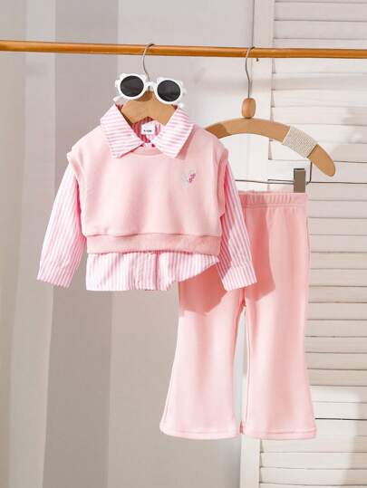 2pcs/Set Baby Girls Embroidery Heart Sleeveless Top And Stripe Long Sleeve Shirt With Bell-Bottom Pants, Casual Preppy Style