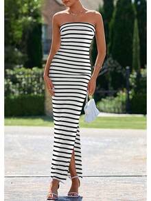 Women's Summer Bodycon Maxi Tube Dress Ribbed Strapless Side Slit Long Going Out Casual Elegant Party DressesHalloween Christmas New Year - 寬條紋黑白 - 查看 3