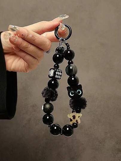 1 Stück schwarze Cartoon Katze Plüsch Ball Dekor Handyhülle Zubehör, modischer Handykettchen Anhänger Geschenk