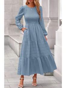 Vestidos Elegantes De Mujer Womens Long Sleeve Fall Dresses Casual Crew Neck Smocked High Waist Tiered Flowy Maxi Dress With Pockets - 白色 - 查看 10