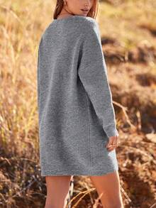 Women's Pullover Sweater Dress Casual Long Sleeve Ribbed Knit V Neck Loose Oversized Sweaters Dresses - 灰色 - 查看 7