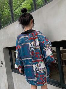 Chinese Style Retro Niche Floral Print Kimono Cover Up, Summer Beach Resort One-Piece Robe Cover-Up Lightweight Jacket - Blue - View 2