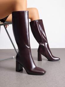 Women's Square Toe Gogo Boots Chunky Heel Classic Solid Color Knee High Boots With Side Zip Fashionable Tall Boots - 酒紅色 - 查看 3