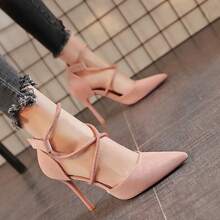 Sandalias romanas de tacón alto con tiras cruzadas para mujer. Zapatos de tacón alto para mujer con hebilla recta, tacón fino y punta afilada. - Rosa - Ver 3