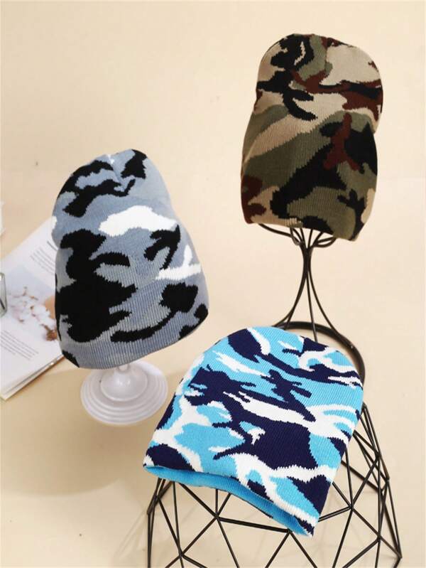 1pc Men's Street Style Camouflage Pattern Knit Beanie Hat, Warm & Fashionable Versatile Breathable Unisex Ski Cap, Suitable For Autumn/Winter Outdoor Activities And Daily Wear