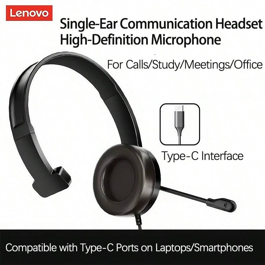 Headphones E06 Memory Foam Zero Pressure Ear Pads 12 Hours Of Wear Without Fatigue Lenovo-Level Call Noise Reduction Anti-Winding And Anti-Stretching Wire Single-Ear Customer Service Headset Black Type-C - Black Type-c - View 1