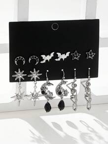 6 Pairs Gothic Style Rhinestone Bat, Skull, Star, Sunflower, Cross, Axe, Skull, Moon, Snowflake Earrings Set, Fashionable & Versatile - Multicolor - View 13