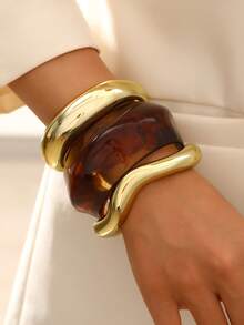 3 件/5 件/7 件复古优雅夸张宽金属素手镯套装，个性化简约高端多层珠宝适合女性、节日、派对、约会、礼物、日常搭配 - 金黃色 - 查看 4