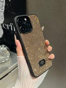 1pc Black Rhinestone Inlaid Shiny Full Coverage Comfortable Grip Phone Case Compatible With Iphone 16 Waterproof Shockproof Anti-Fall Scratch Resistant - Gold - View 5