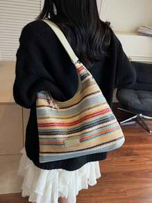 1 件时尚休闲彩色条纹草编女士单肩包，适合办公室、通勤、购物、度假 - 彩色 - 查看 5