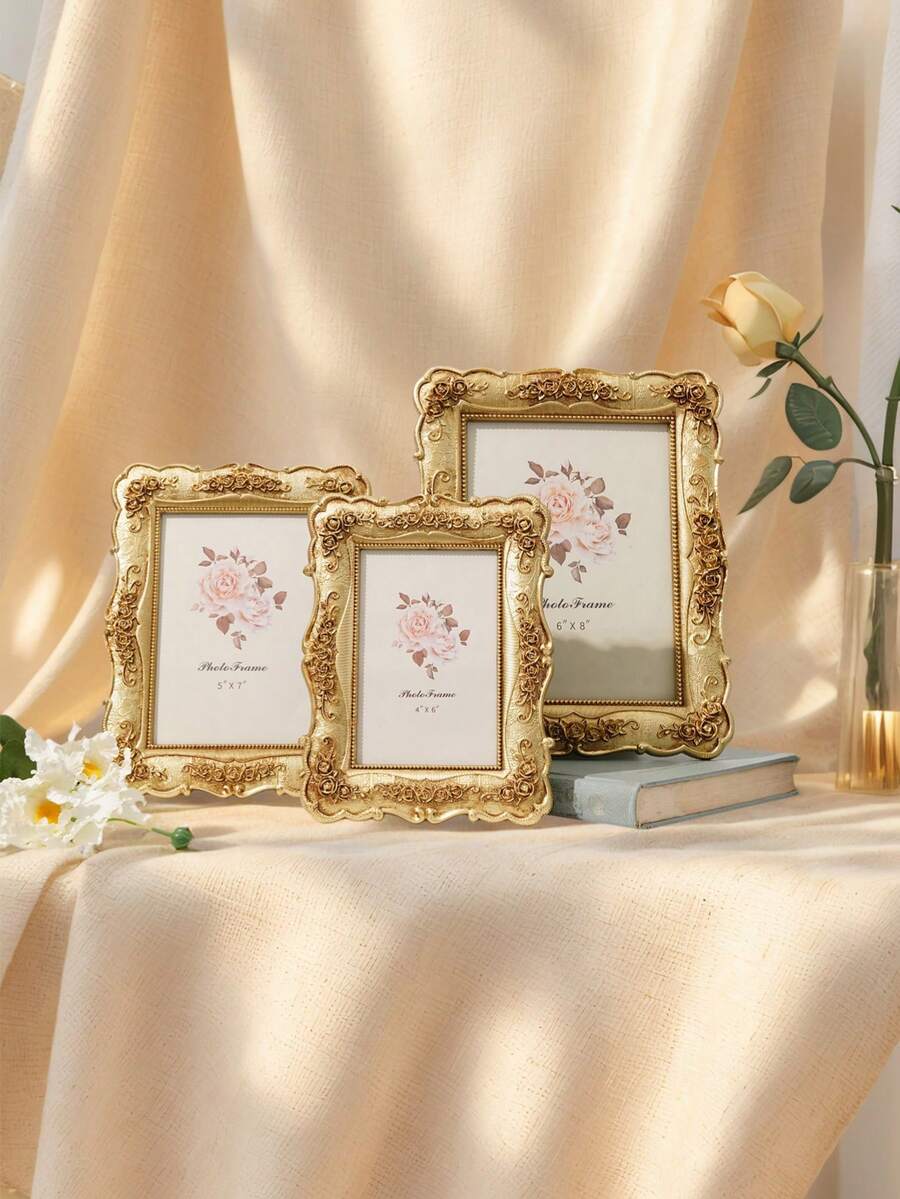 1 件欧式长方形金玫瑰浮雕装饰相框，3D 玫瑰图案图片展示框，适合家庭照片展示和摄影装饰