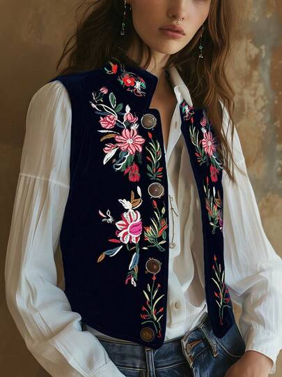 Women's Elegant Vintage Velvet Floral Embroidery Stand Collar Button Front Sleeveless Cardigan Vest, Spring/Summer/Autumn