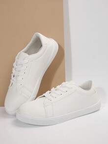 Plus Size Women's Casual Lace-Up White Sneakers, 2025 New Versatile Casual Sports Solid Color Flat Student Shoes, Lightweight Casual Fashion Shoes - White - View 8