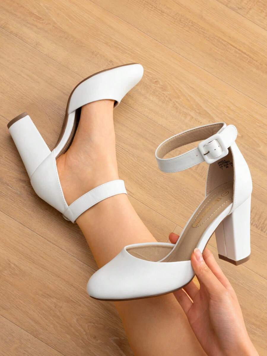 Women's High Heel Closed Toe Dress Shoes Chunky Wedding Pumps For Ladies - White - View 1