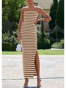 Women's Summer Bodycon Maxi Tube Dress Ribbed Strapless Side Slit Long Going Out Casual Elegant Party DressesHalloween Christmas New Year - 寬條紋棕白色 - 查看 2