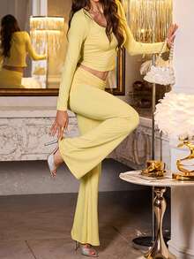 WOWDARK Women's Fashion Square Neck Fitted Casual Cropped Top And Long Pants Set, Autumn