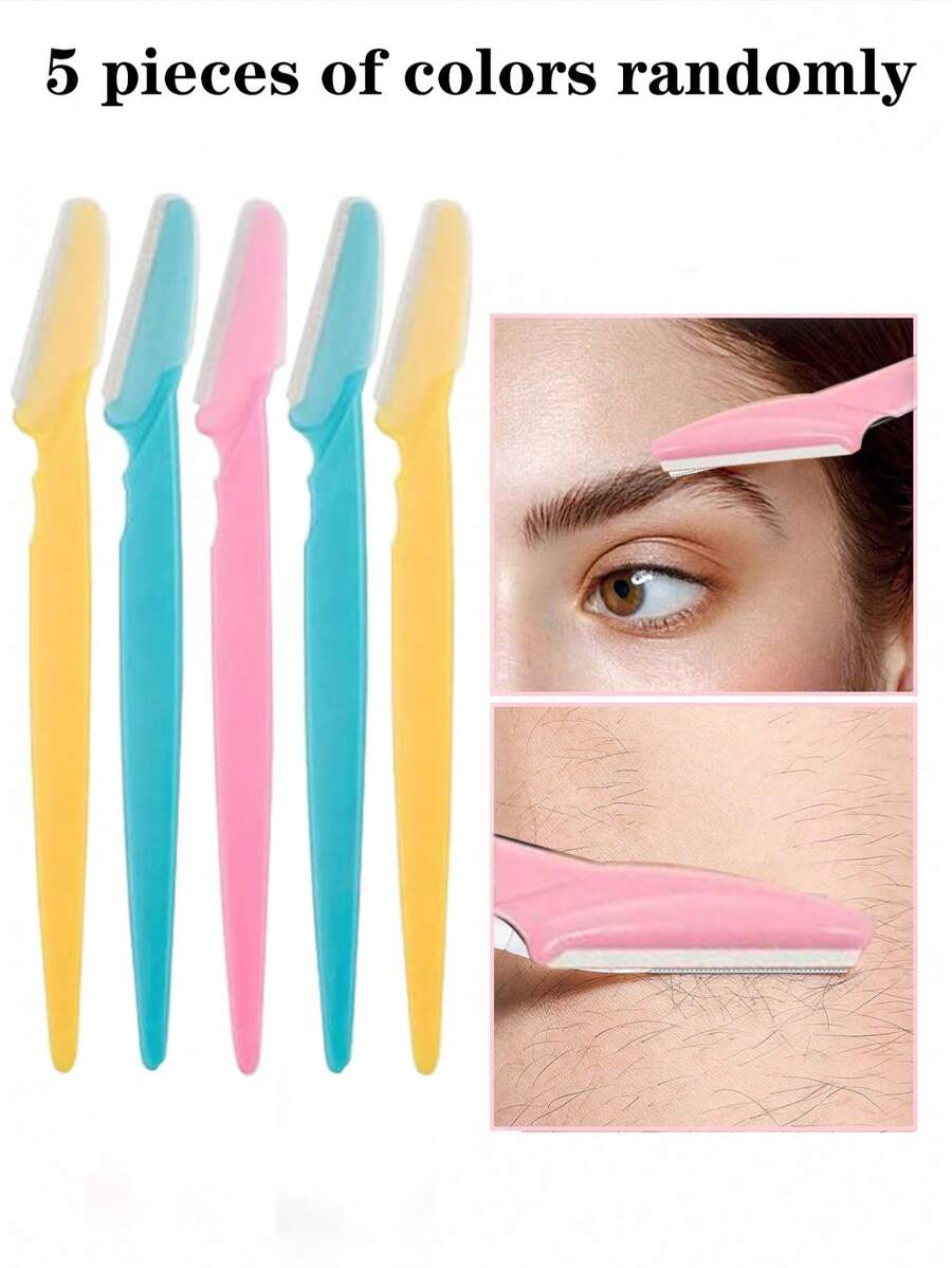 5件套随机多色修眉剃刀套装，安全修眉器和剃须刀，去角质皮肤磨皮工具，身体脱毛修剪器和面部及眉毛剃须刀套装，长柄安全刀片带精密保护盖，女士修眉工具，适合日常或旅行使用，多功能修眉器，锋利不锈钢眉毛工具带安全盖，适用于眉毛、唇毛、腿毛，温和有效去除，价格实惠，情人节礼物