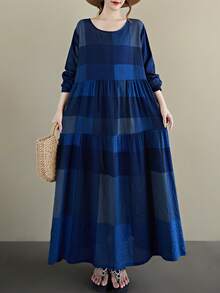 AZAH Women's Plus Size Blue Floral Print Long Sleeve Round Neck Pleated Maxi Dress A Line Woven Fabric Modest Summer Dress With Pockets