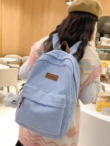 Mochila minimalista de gran capacidad para mujer de unicolor, mochila funcional de pana con parche de letra, de gran capacidad, ligera y portátil, perfecta para adolescentes, mujeres, estudi - Azul - Ver 3