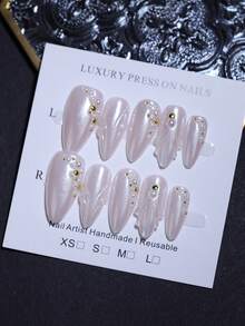 10pcs Almond Moonlight White 100% Handmade 3D Wavy French Minimalist Nail Stickers, Reusable, Suitable For All Seasons, Nail & Eyelash - White - View 3