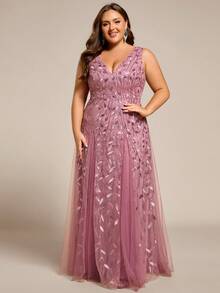 Deep V-Neck Sequin Contrast Color Mesh Formal Dress Wedding - Dusty Pink - View 5