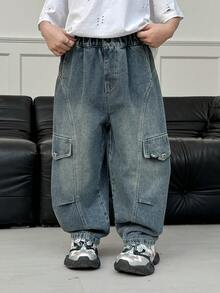 Boys' Loose Fit Casual Cargo Jeans Pants, Suitable For Daily, School, Outdoor Wear, Autumn - Blue - View 2