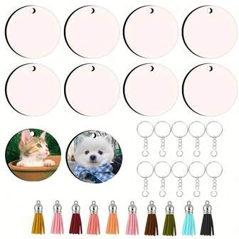 40pcs Blank Heat Transfer Keychain Blanks Set, Rectangular Plates With Key Rings, Random Color Leather Tassels, DIY Keychain Craft, Holiday Party Souvenir Gifts