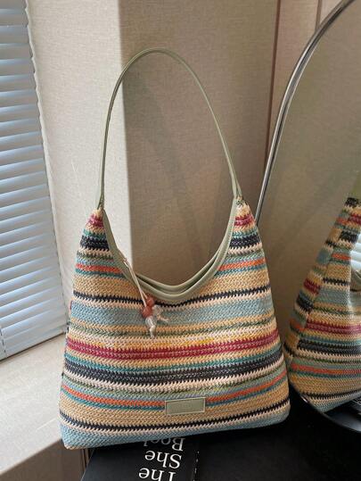 1 件时尚休闲彩色条纹草编女士单肩包，适合办公室、通勤、购物、度假