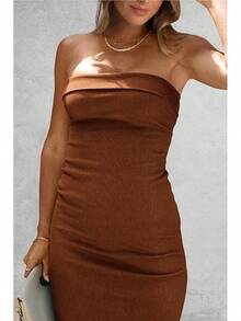 Women's Summer Bodycon Maxi Tube Dress Ribbed Strapless Side Slit Long Going Out Casual Elegant Party DressesHalloween Christmas New Year - 棕色 - 查看 5