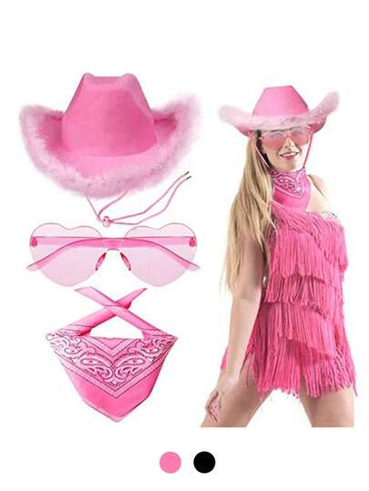3pcs/Set Pink/Black Heart-Shaped Cowboy Hat, Suitable For Women's Halloween Costume, With Headband, Fashionable Glasses, Suitable For Autumn Festival, Birthday, Singles Party, Graduation Gift, Singles Party Gift, Bridesmaid Gift, Father's Day Gift, Halloween Decoration, Halloween Gift, Bridesmaid Proposal Gift, Wedding Guest Favor, Birthday Party Decoration, Wedding Item