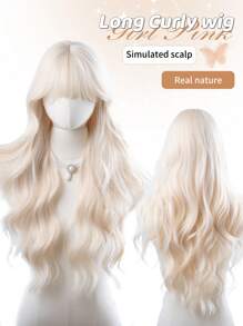 1 Piece Of Synthetic Heat-Resistant Curly Hair With Bangs, Long Rolled White Gold Wig, 28 Inches Long Woven Daily Natural And Realistic Wig (Without Accessories) - Gold - View 1
