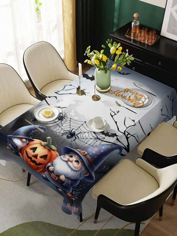 1pc Halloween Themed Tablecloth In Gray & White Color, Featuring Designs Of Wizard Hats, Pumpkin Lanterns, Bats And Spider Webs, Fantastical And Cute Style. Rectangular Design With Vivid Details, Suitable For Halloween Table Setting Or Adding Holiday Atmosphere To Daily Home Decor.