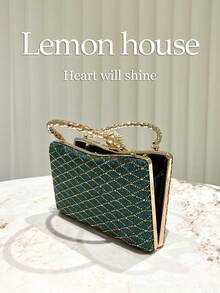 1 geantă de mână verde metalizat cu romburi și paiete, curea detașabilă cu lanț, poșetă elegantă, potrivită pentru rochii de seară, ocazii formale, nunți, petreceri, festivaluri