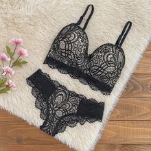 LACE LINGERIE SET WITH PADDED BRA + PANTIES SENSUAL NIGHT LINE WINTER FASHION LINGERIE - 黑與白 - 查看 1
