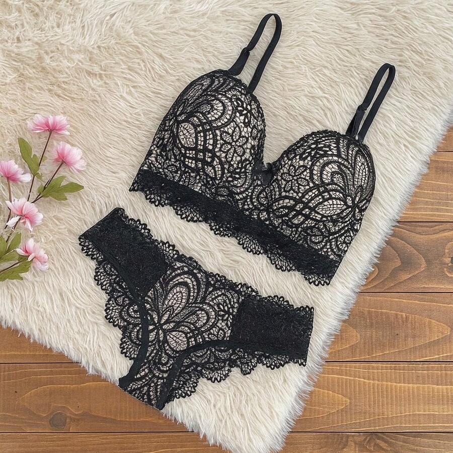 LACE LINGERIE SET WITH PADDED BRA + PANTIES SENSUAL NIGHT LINE WINTER FASHION LINGERIE - 黑與白 - 查看 1