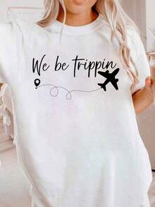 100% Cotton Women T-Shirt We Be Trippin Traveller Flight Vacation, Small - 白色 - 查看 1