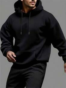 Sudadera casual con capucha y bolsillos de unicolor para hombre GRDR - Negro - Ver 3