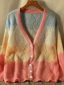 Autumn/Winter European Style Colorblock Long Sleeve Hollow Elegant Energetic Plus Size Women's Jacket, Plus Size Women Knitted Cardigan