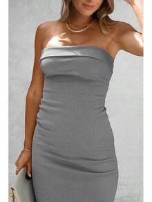 Women's Summer Bodycon Maxi Tube Dress Ribbed Strapless Side Slit Long Going Out Casual Elegant Party DressesHalloween Christmas New Year - 灰色 - 查看 5