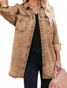 Vetinee Women's Oversized Button Up Frayed Hem Shacket Long Sleeve Pockets Denim Jean Jacket - 杏仁棕 - 查看 3