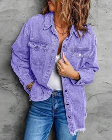 Vetinee Women's Oversized Button Up Frayed Hem Shacket Long Sleeve Pockets Denim Jean Jacket - Aster Purple - 查看 5