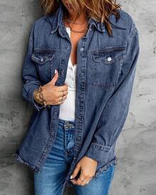 Vetinee Women's Oversized Button Up Frayed Hem Shacket Long Sleeve Pockets Denim Jean Jacket - Bay Blue - 查看 4