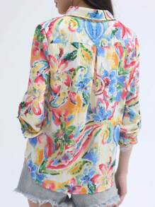 女士彩色扎染渐变撞色长袖休闲衬衫，人造丝尼龙印花面料，纽扣长袖休闲衬衫，有口袋，长袖上衣，适合日常通勤，休闲度假穿着，适合秋冬季旅行