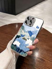 1 件时尚蓝莲花图案钢化玻璃材质带镜头膜，电镀防摔防刮防指纹 TPU 全边软手机壳，适用于苹果机型 - 彩色 - 查看 3