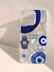 蓝色邪眼和哈姆萨之手图案时尚手机壳 1 件装 独特蓝眼外壳 蓝金纹理图案手机壳 加厚透明保护套 兼容三星 A05 A05S A13 A14 A15 A53 A54 A55 A56 S22 S23 S24 S25 11 12 13 14 15 16 Pro Max 生日礼物派对，国际版，非国内版 - 彩色 - 查看 2