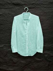 Women's Solid Color Single-Breasted Loose Long Sleeve Casual Minimalist Versatile Sheer Blouse - Mint Green - View 3
