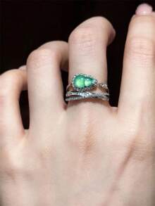 1pc Multi-Layer Criss-Cross Rhinestone Ring, Green Gourd Open Ring, Fashionable Luxury Silver Copper Ring Suitable For Women's Daily, Party, Banquet, Date Wear, New Autumn/Winter Jewelry Gift - 銀色 - 查看 2