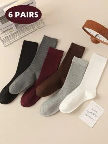 1/5/6 Pairs Women Socks, Encore Solid Color Ribbed Mid-Calf Socks, Simple & Versatile For Outdoor Casual Wear, Indoor Black & White Ladies Socks, Autumn/Winter