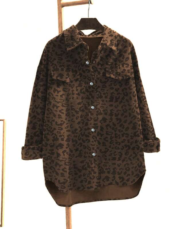 Women's Plus Size Fashionable Leopard Print Front Button Turndown Collar Long Sleeve Loose Casual Jacket
